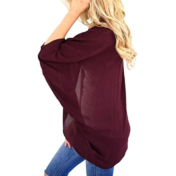 KELLY Lightweight Sheer 3/4 Sleeve Loose Fit WINE - Picture 2 of 4